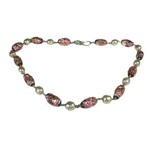 Glass Foil Bead Necklace 21 inch Imitation Pearl Strand String Pink Vintage